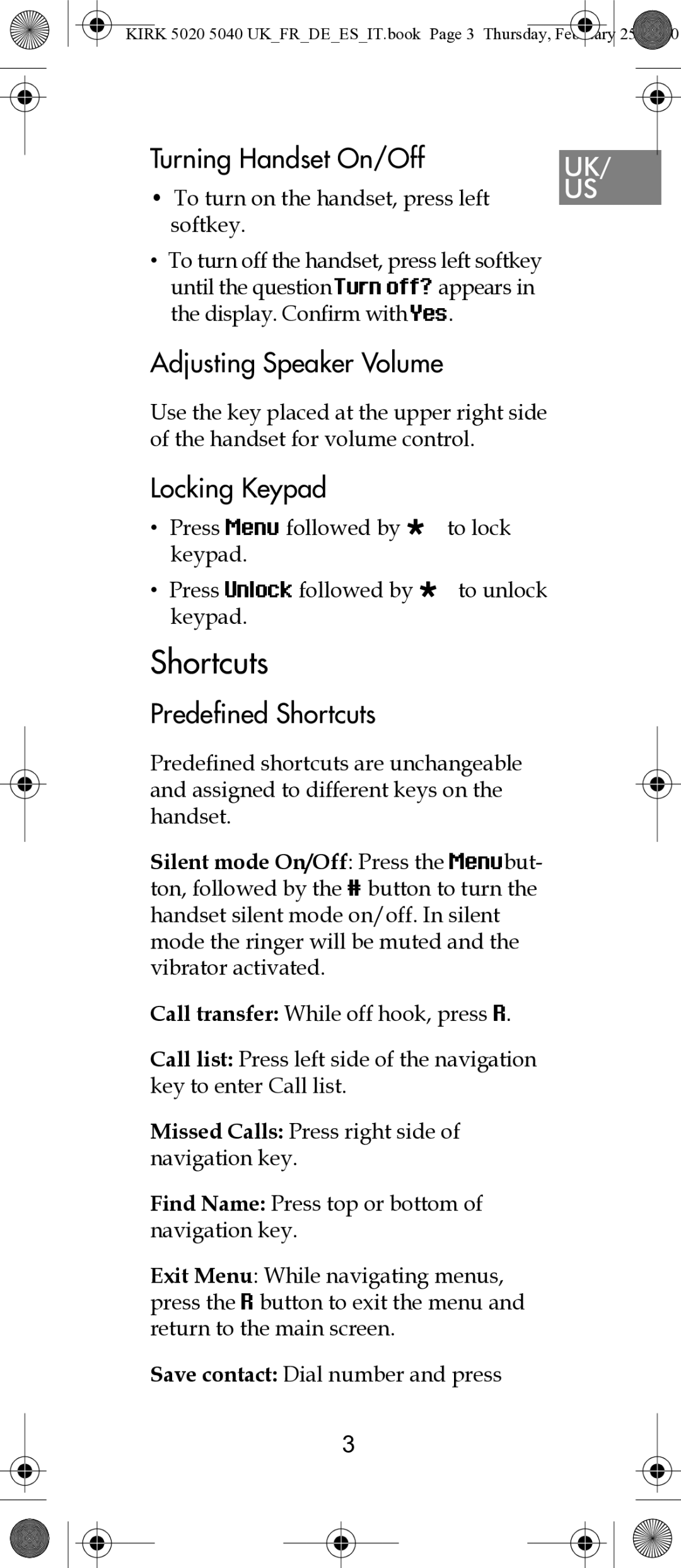 Polycom 14171914-HD manual Turning Handset On/Off, Adjusting Speaker Volume, Locking Keypad, Predefined Shortcuts 