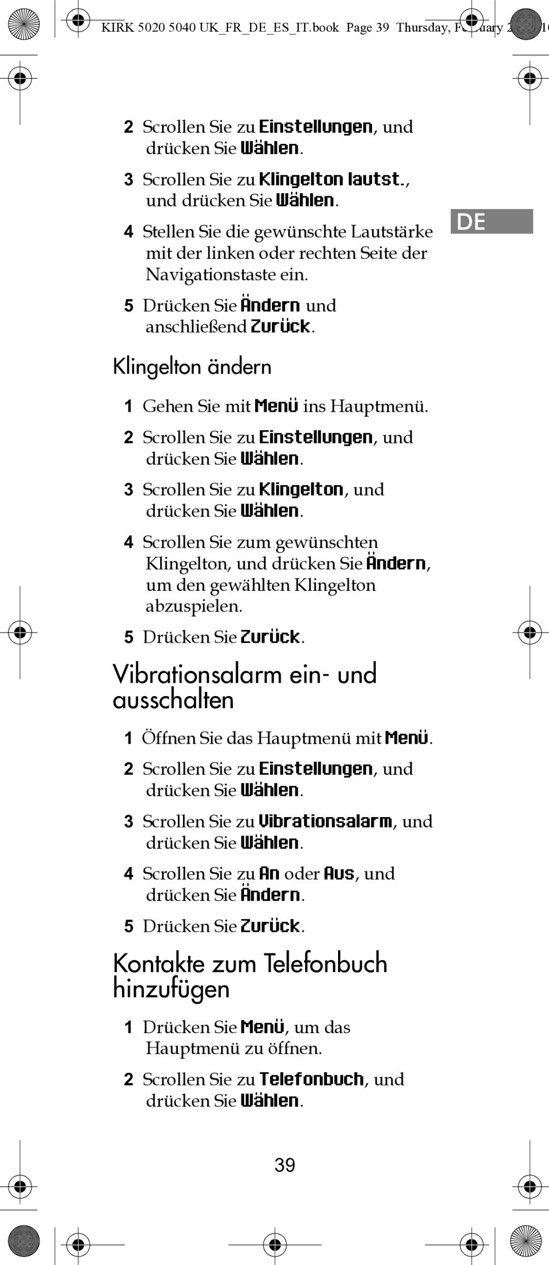 Polycom 14171914-HD manual Vibrationsalarm ein- und ausschalten, Kontakte zum Telefonbuch hinzufügen, Klingelton ändern 