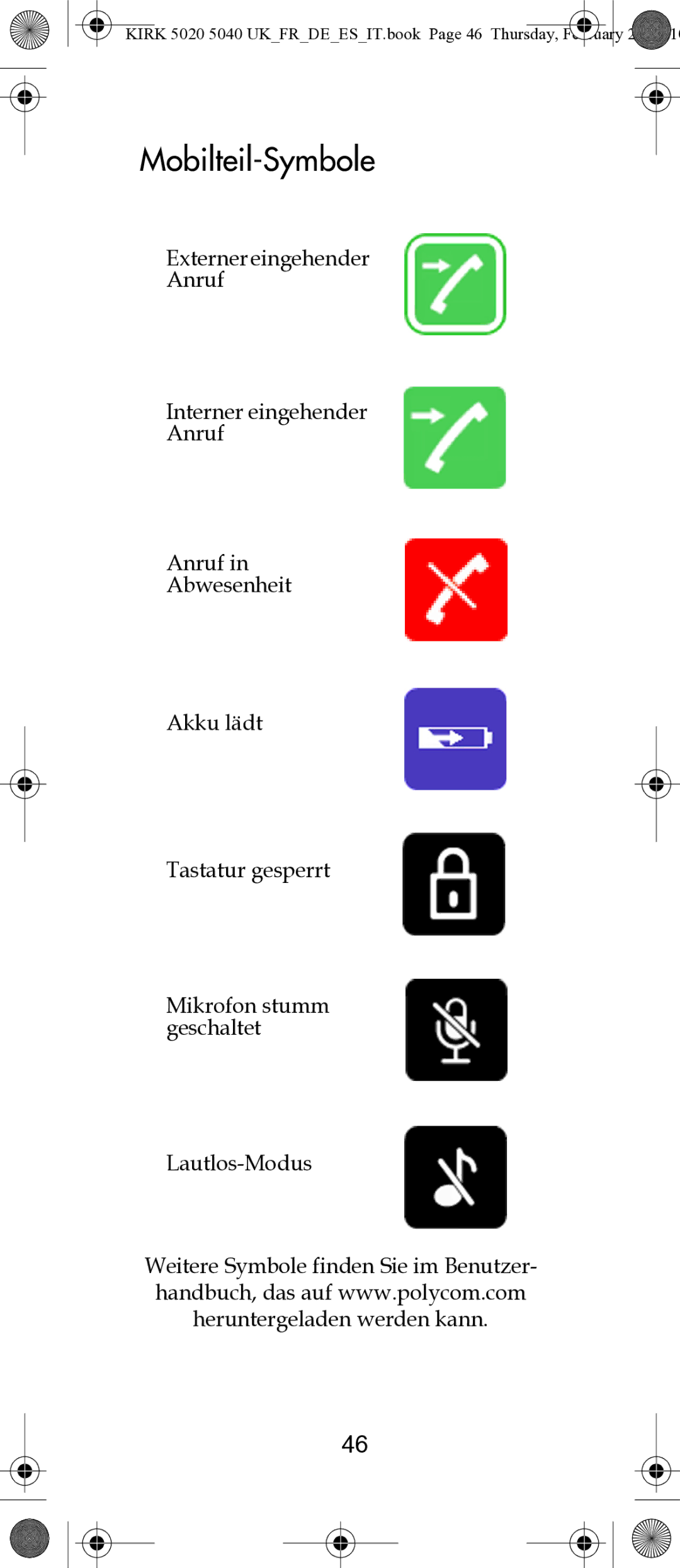 Polycom 14171914-HD manual Mobilteil-Symbole 