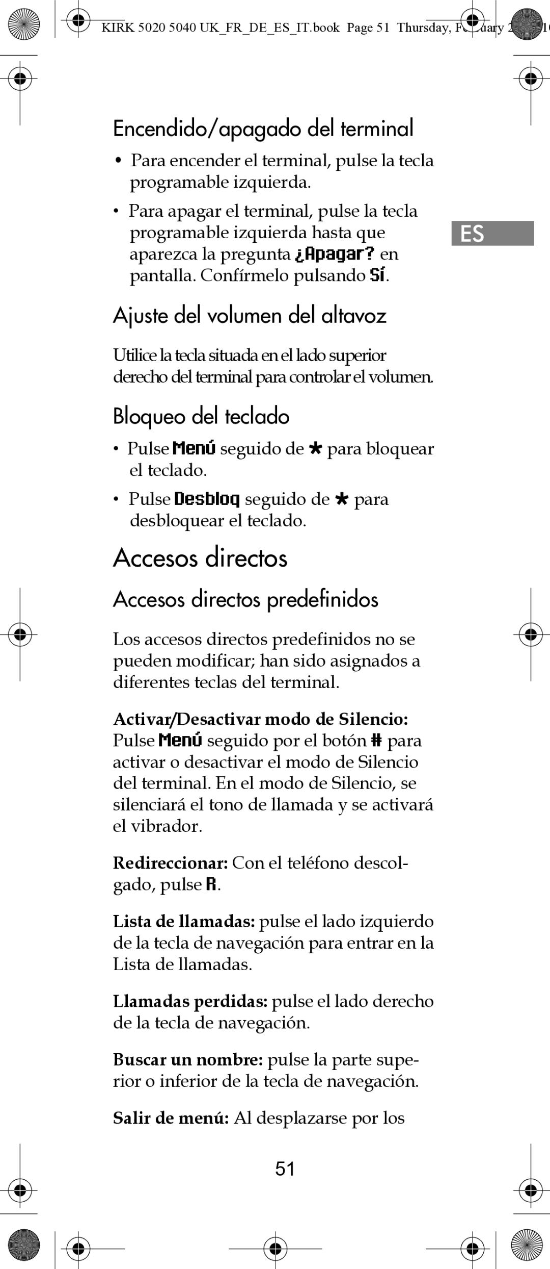 Polycom 14171914-HD Accesos directos, Encendido/apagado del terminal, Ajuste del volumen del altavoz, Bloqueo del teclado 