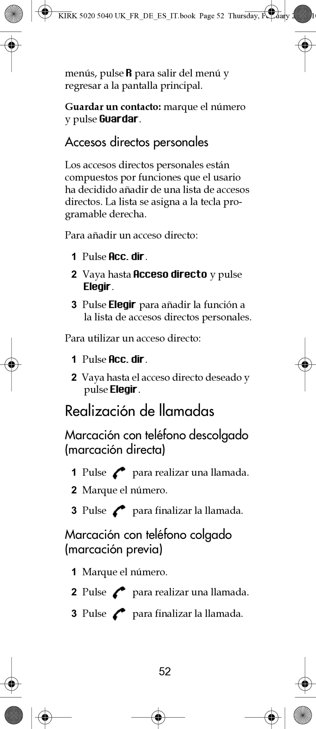 Polycom 14171914-HD Realización de llamadas, Accesos directos personales, Marcación con teléfono colgado marcación previa 