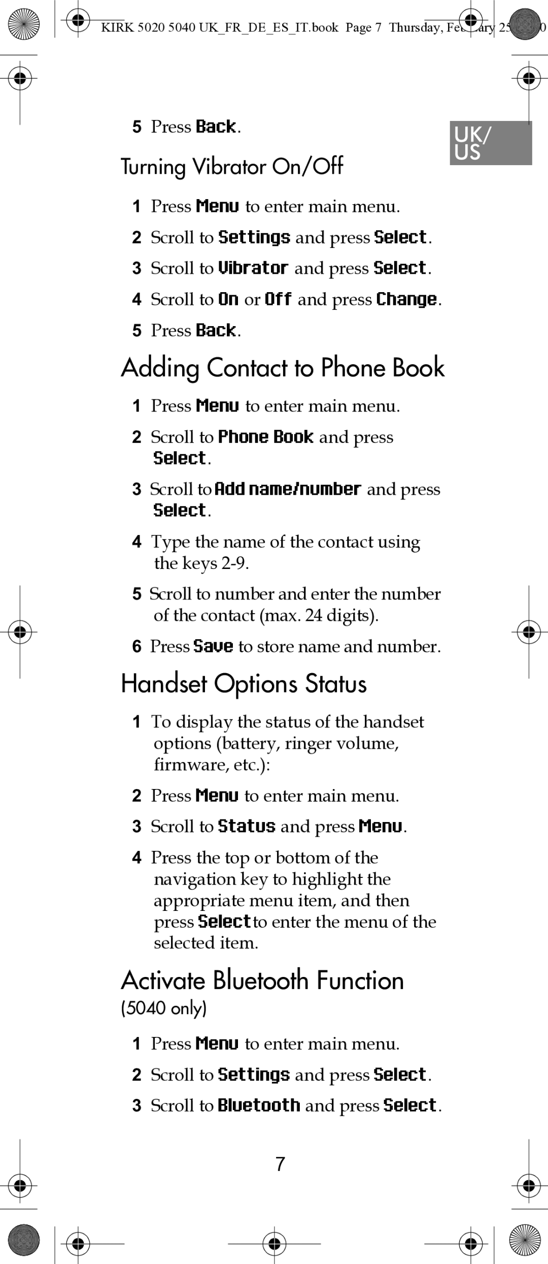 Polycom 14171914-HD manual Adding Contact to Phone Book, Handset Options Status, Activate Bluetooth Function 