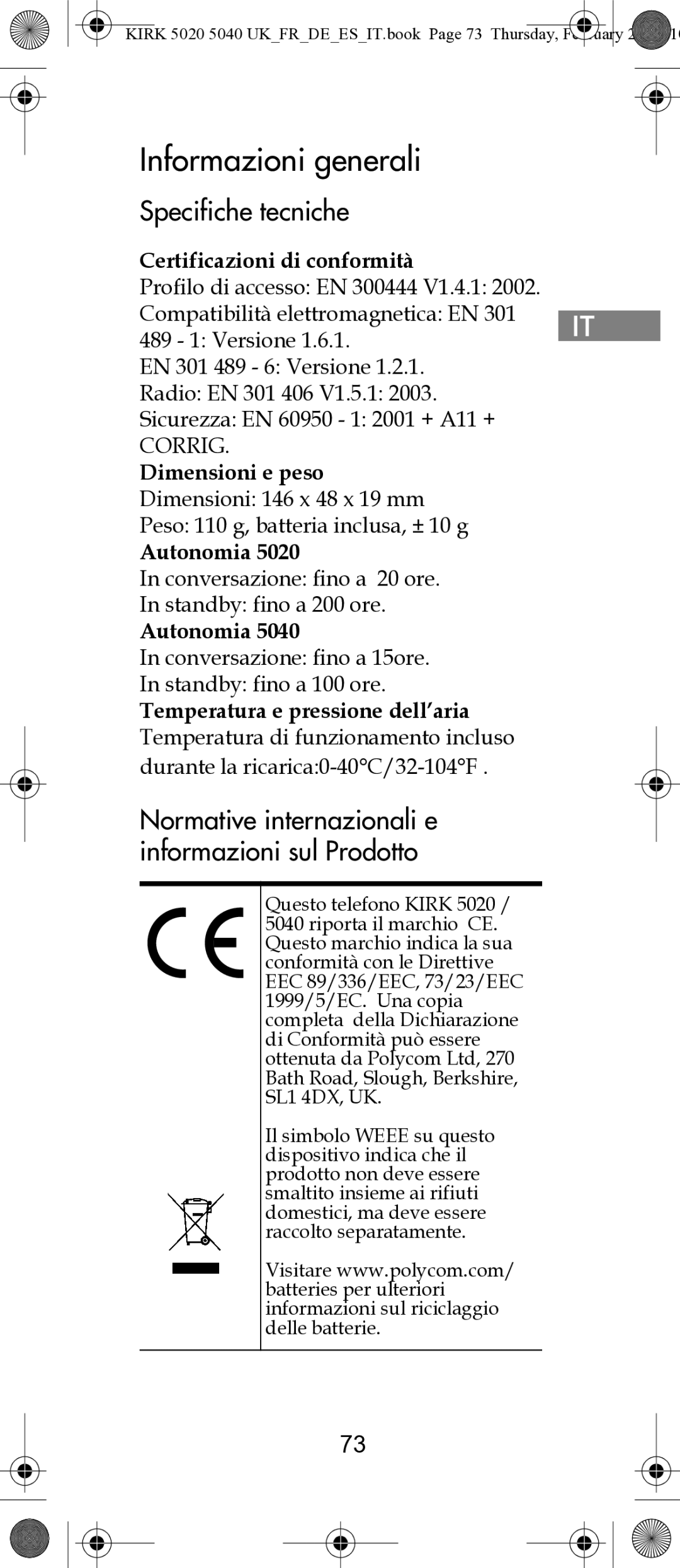 Polycom 14171914-HD manual Informazioni generali, Specifiche tecniche, Normative internazionali e informazioni sul Prodotto 