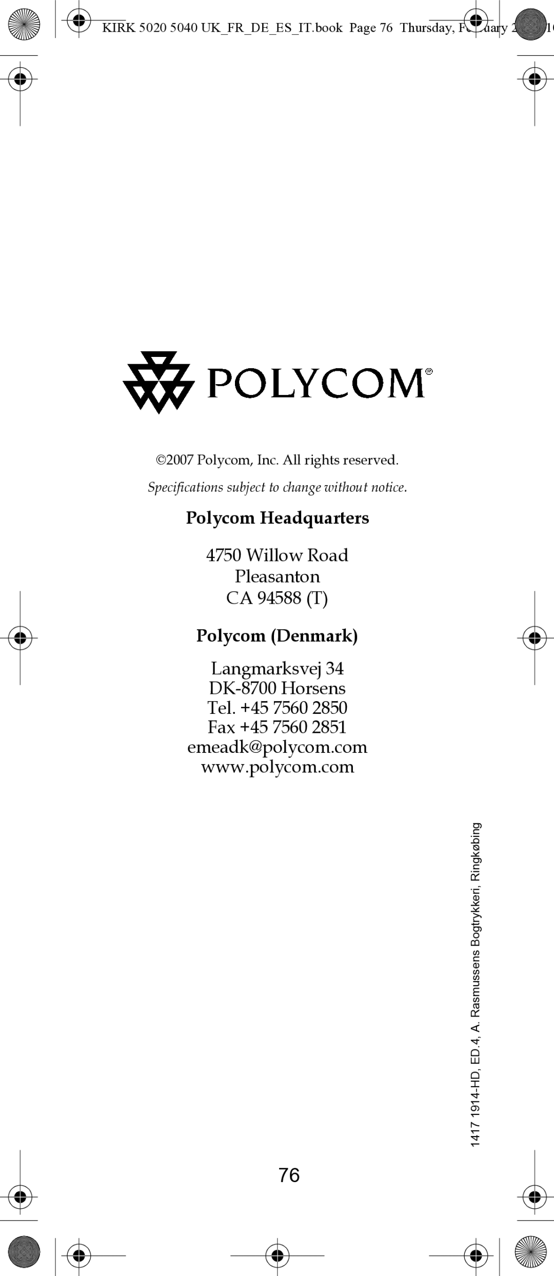 Polycom 14171914-HD manual Polycom Headquarters 