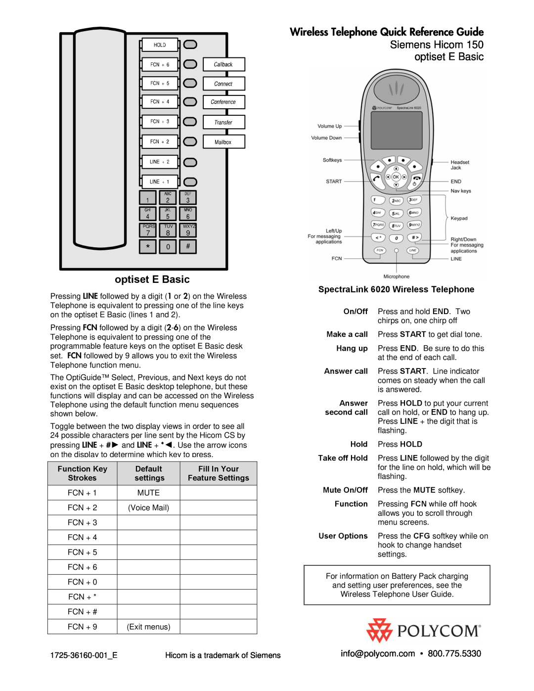 Polycom 150 manual optiset E Basic, Wireless Telephone Quick Reference Guide Siemens Hicom, info@polycom.com, Function Key 
