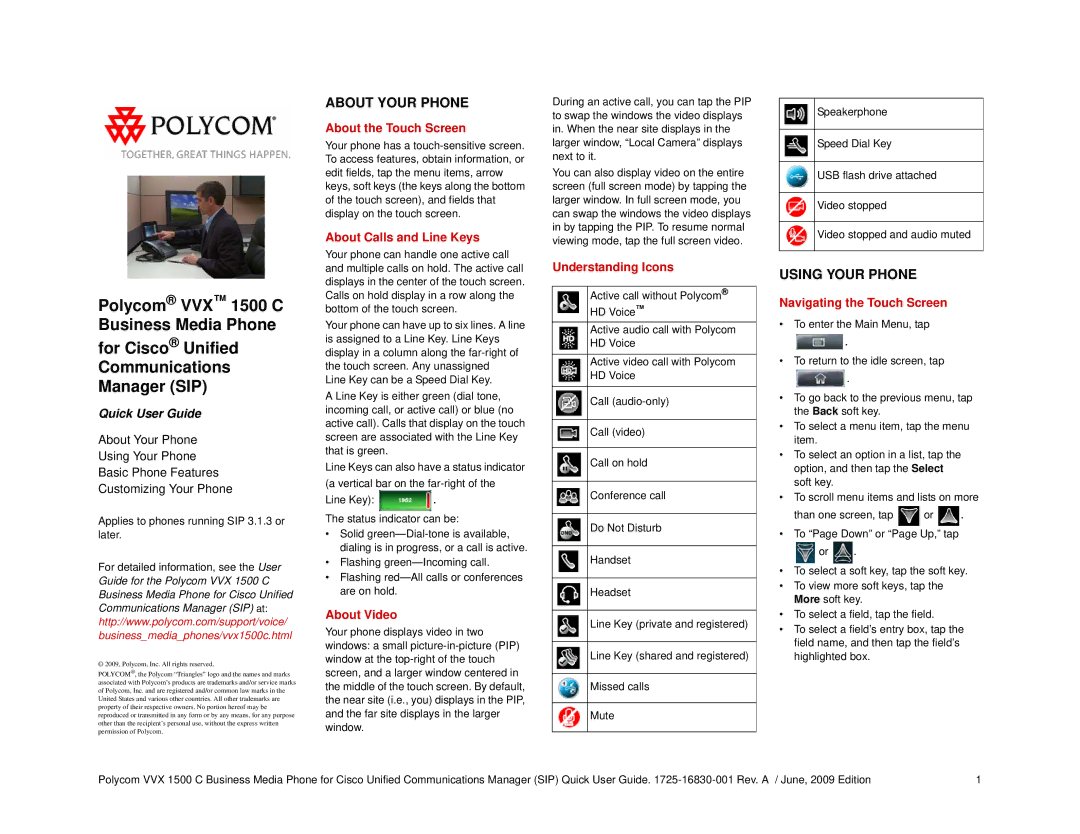 Polycom 1500 C manual About the Touch Screen, About Calls and Line Keys, About Video, Understanding Icons 