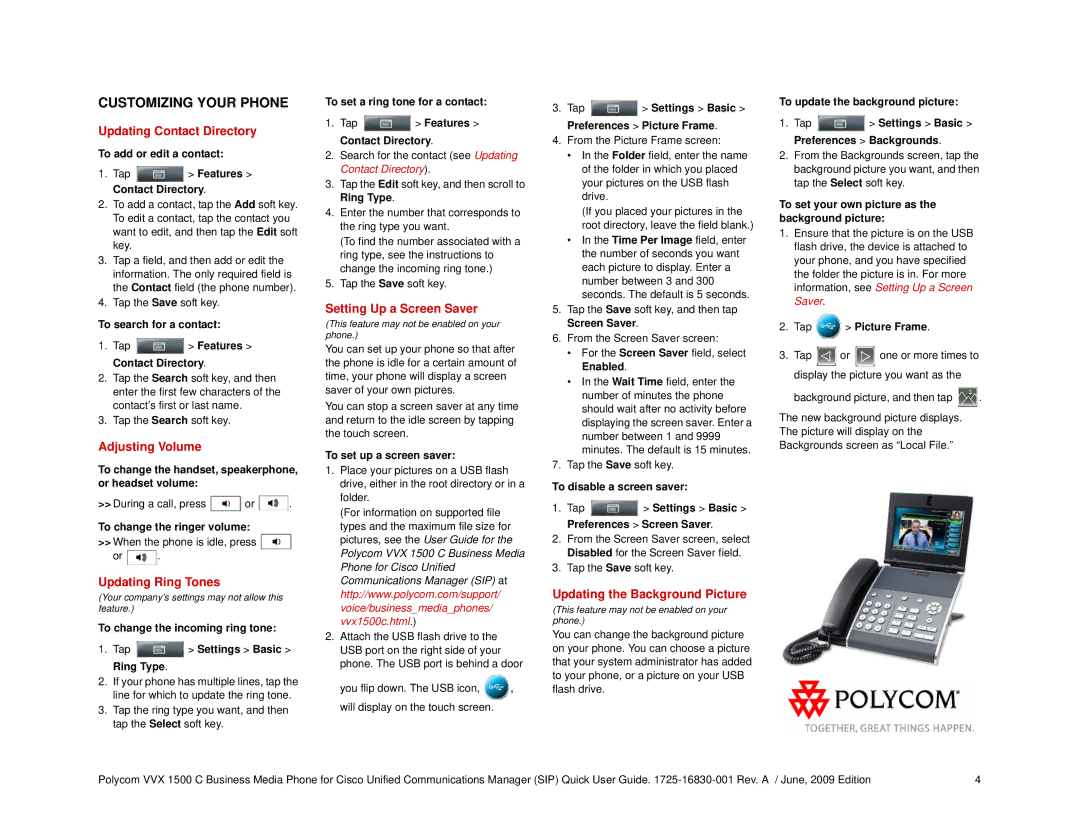 Polycom 1500 C manual Updating Contact Directory, Adjusting Volume, Updating Ring Tones, Setting Up a Screen Saver 