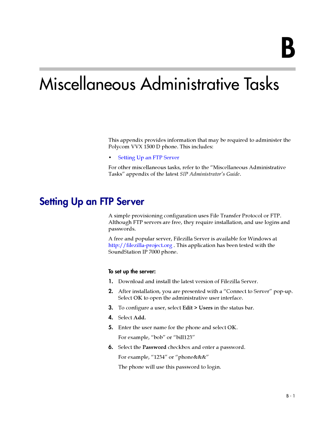 Polycom 1500 D manual Miscellaneous Administrative Tasks, Setting Up an FTP Server 