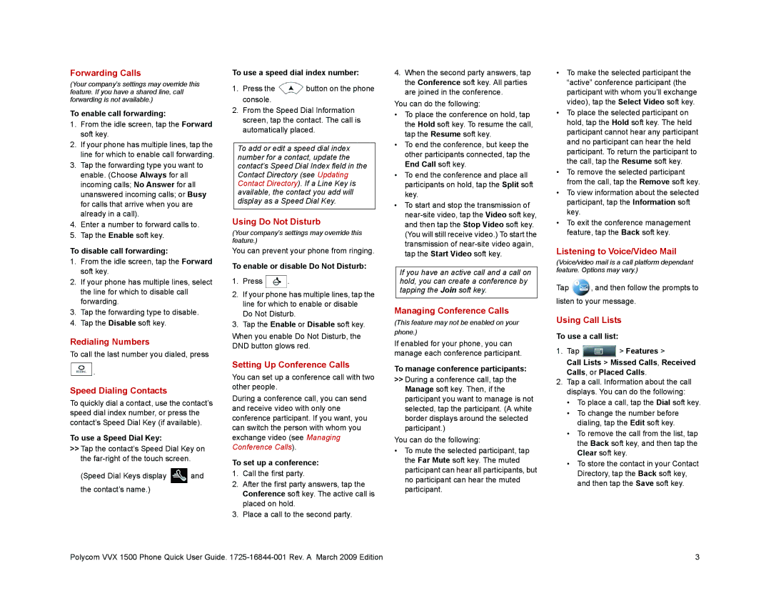 Polycom 1500 Forwarding Calls, Redialing Numbers, Speed Dialing Contacts, Using Do Not Disturb, Managing Conference Calls 