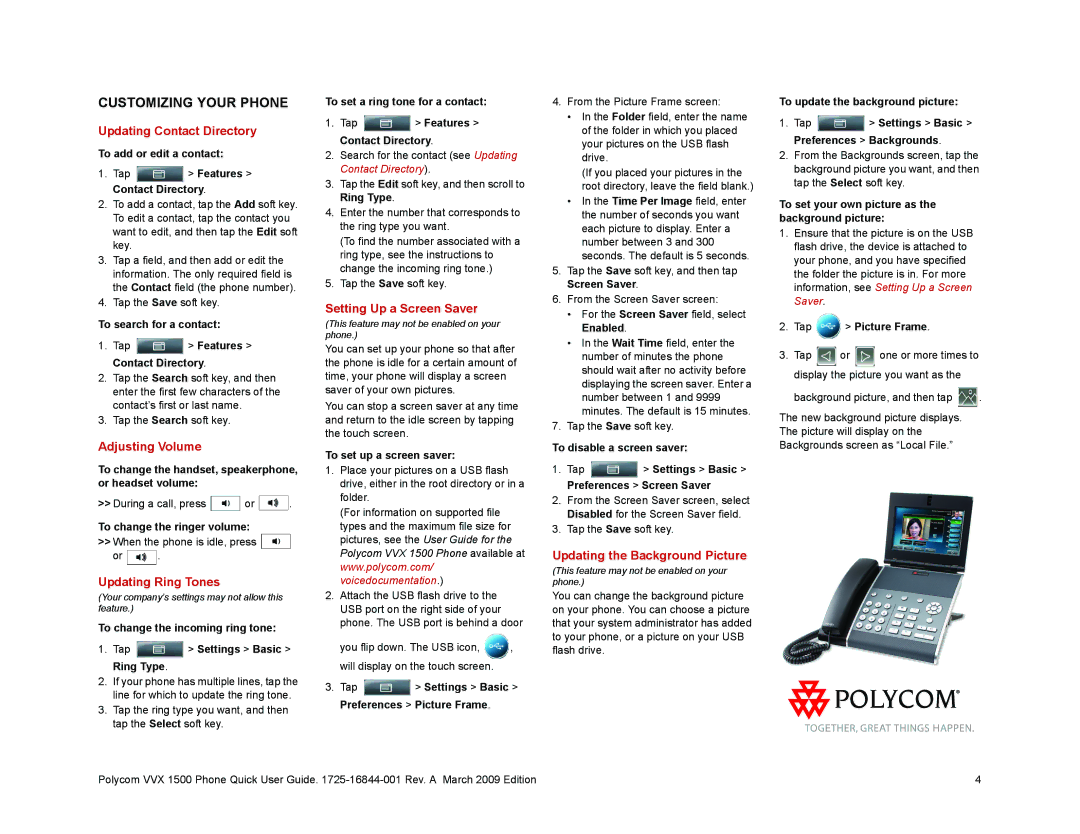 Polycom 1500 manual Updating Contact Directory, Adjusting Volume, Updating Ring Tones, Setting Up a Screen Saver 