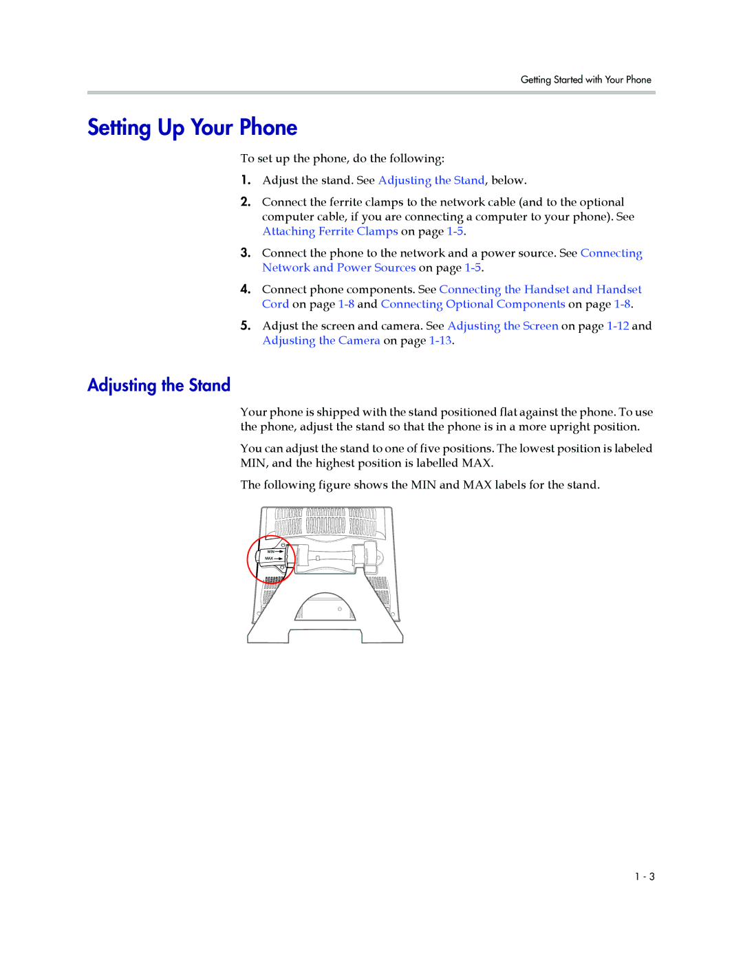 Polycom 1500 manual Setting Up Your Phone, Adjusting the Stand 