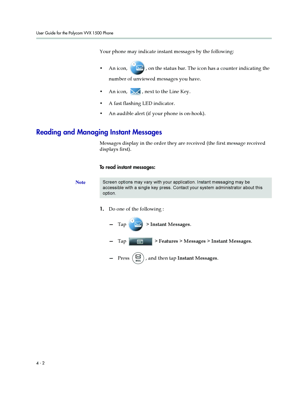 Polycom 1500 manual Reading and Managing Instant Messages, Do one of the following Tap, Features Messages Instant Messages 