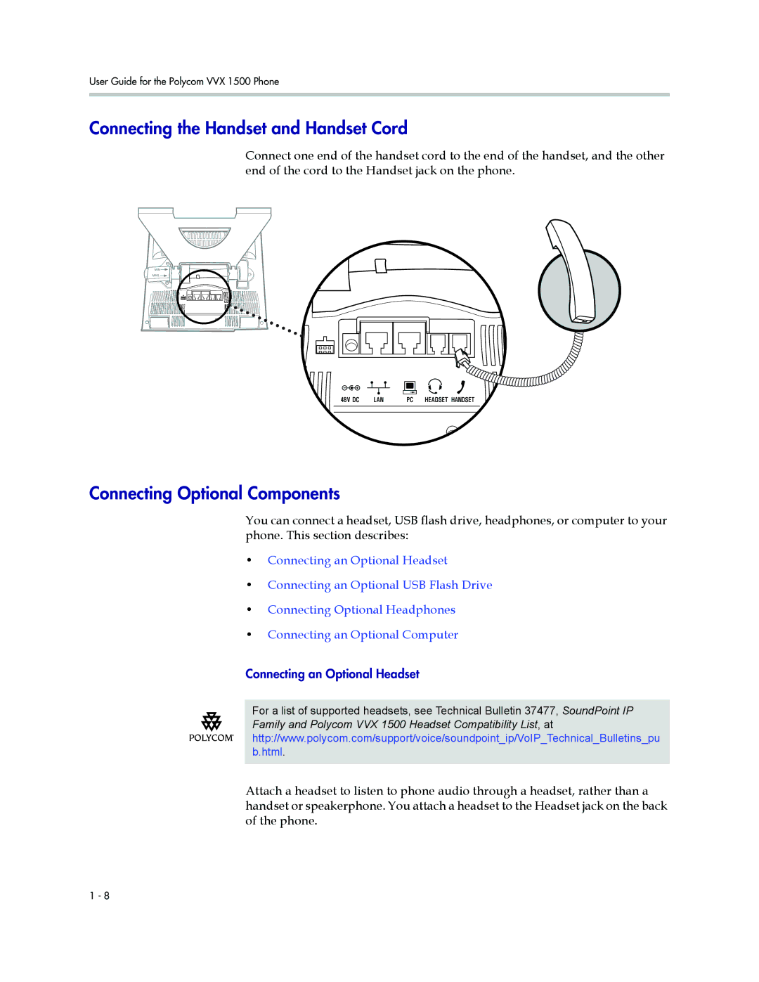 Polycom 1500 manual Connecting the Handset and Handset Cord, Connecting Optional Components 