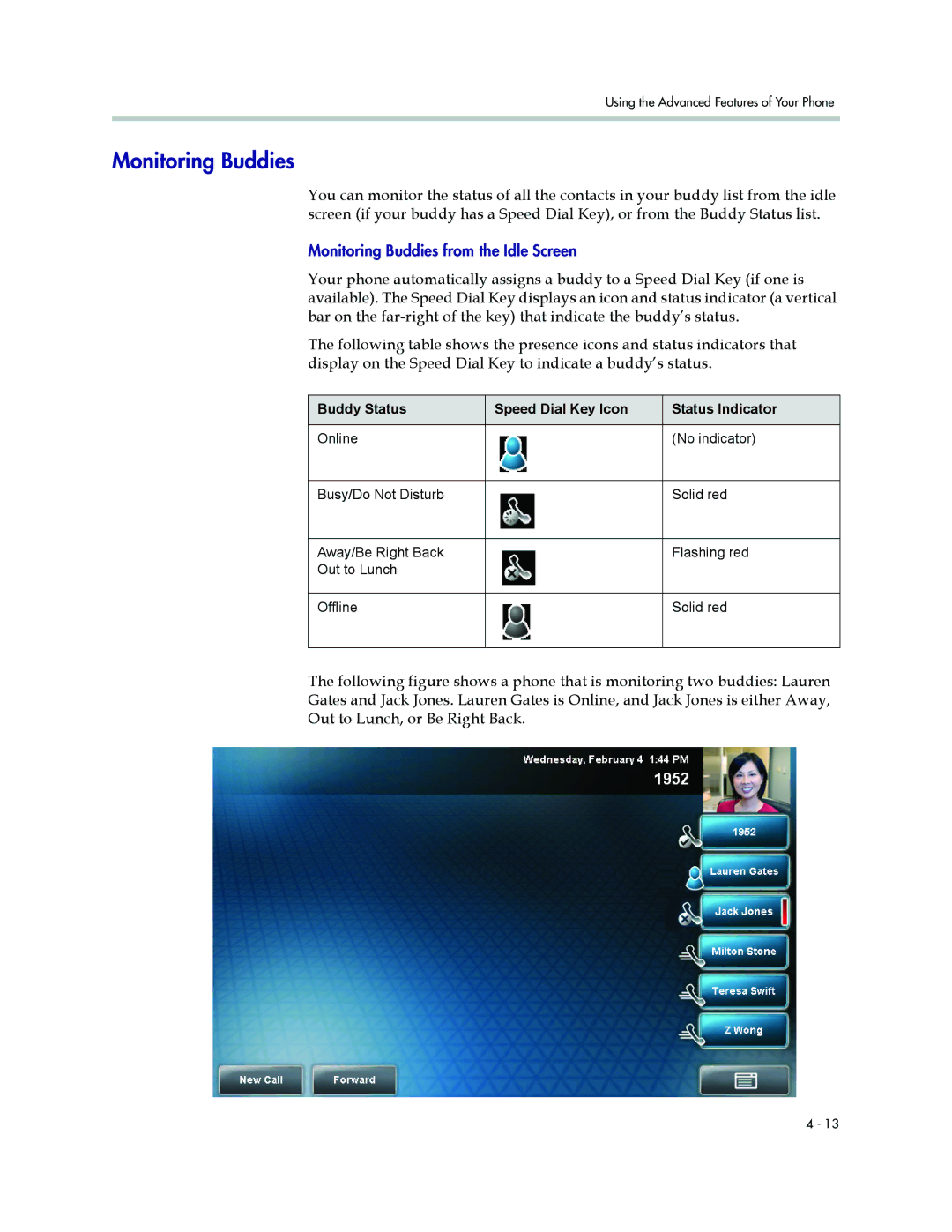 Polycom 1500 manual Monitoring Buddies, Buddy Status Speed Dial Key Icon Status Indicator 