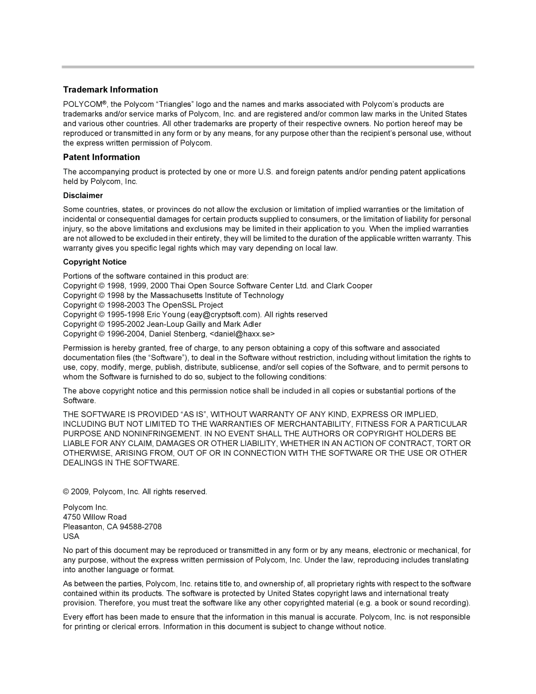 Polycom 1500 manual Disclaimer, Copyright Notice 