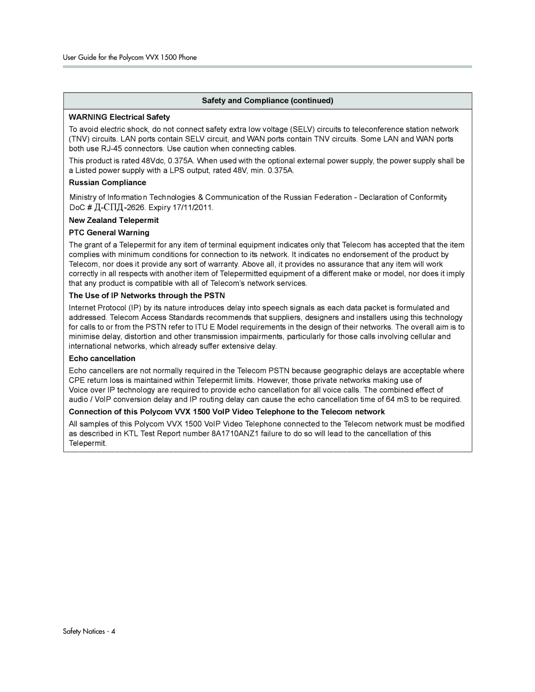 Polycom 1500 Safety and Compliance, Russian Compliance, New Zealand Telepermit PTC General Warning, Echo cancellation 