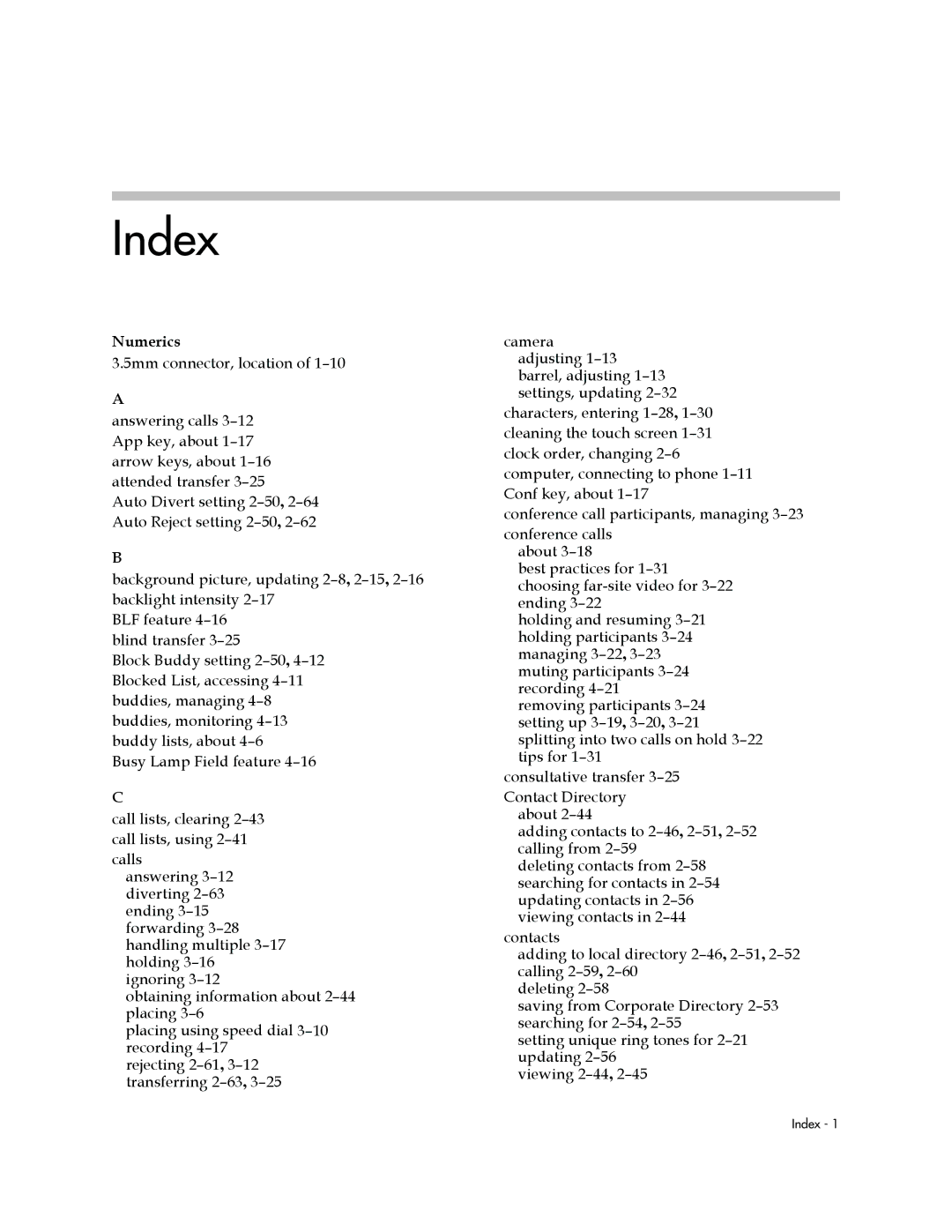 Polycom 1500 manual Index, Numerics 