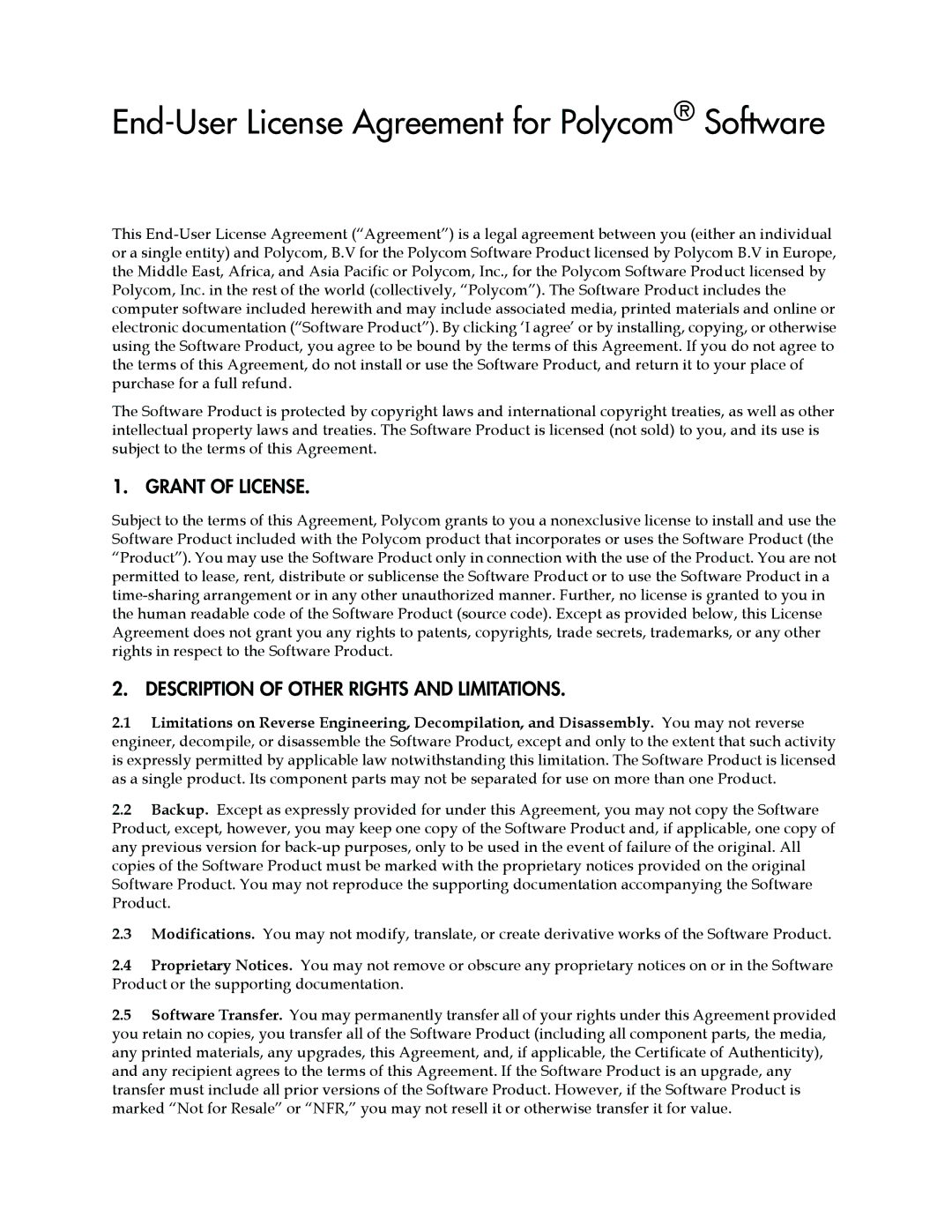 Polycom 1500 manual End-User License Agreement for Polycom Software 