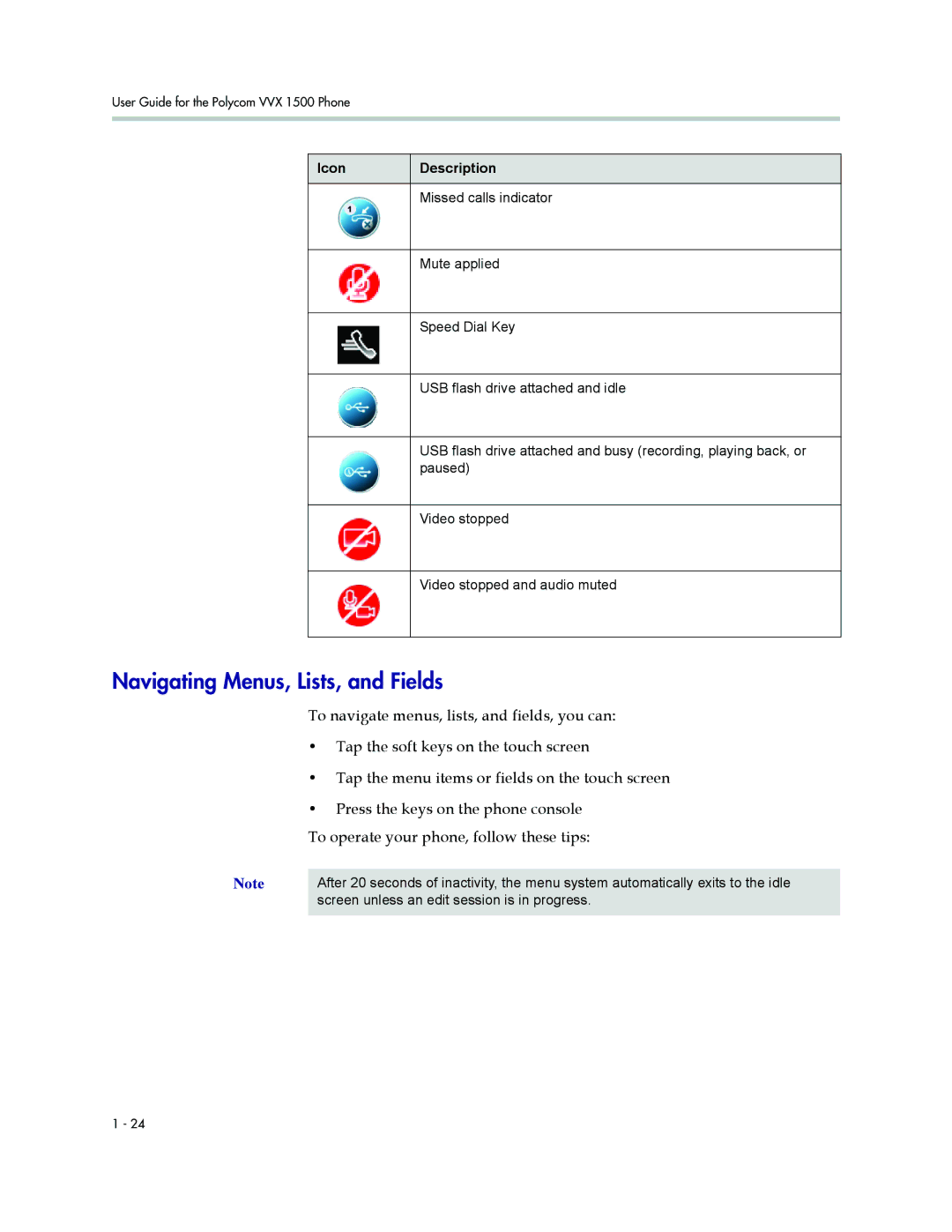 Polycom 1500 manual Navigating Menus, Lists, and Fields 