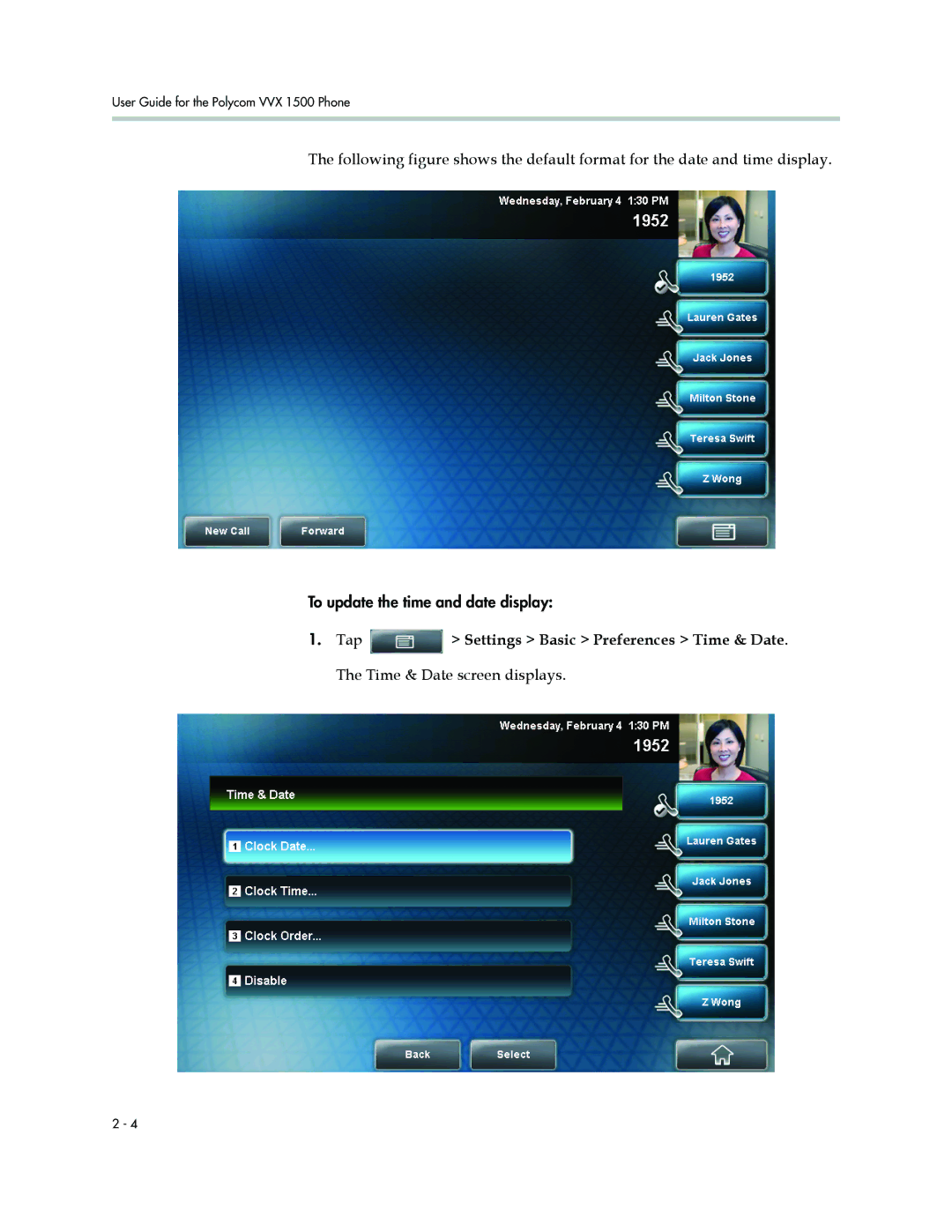 Polycom 1500 manual To update the time and date display 