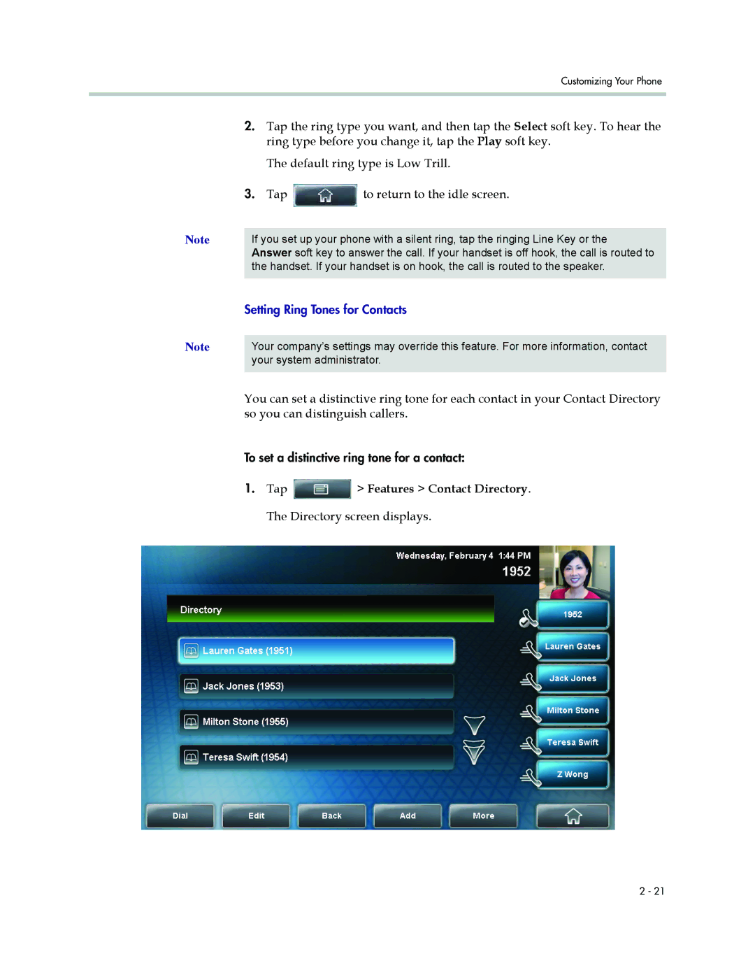 Polycom 1500 manual To return to the idle screen, Setting Ring Tones for Contacts 