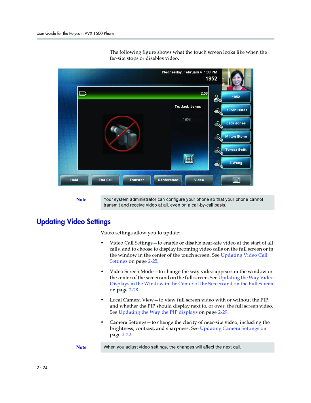 Polycom 1500 manual Updating Video Settings 