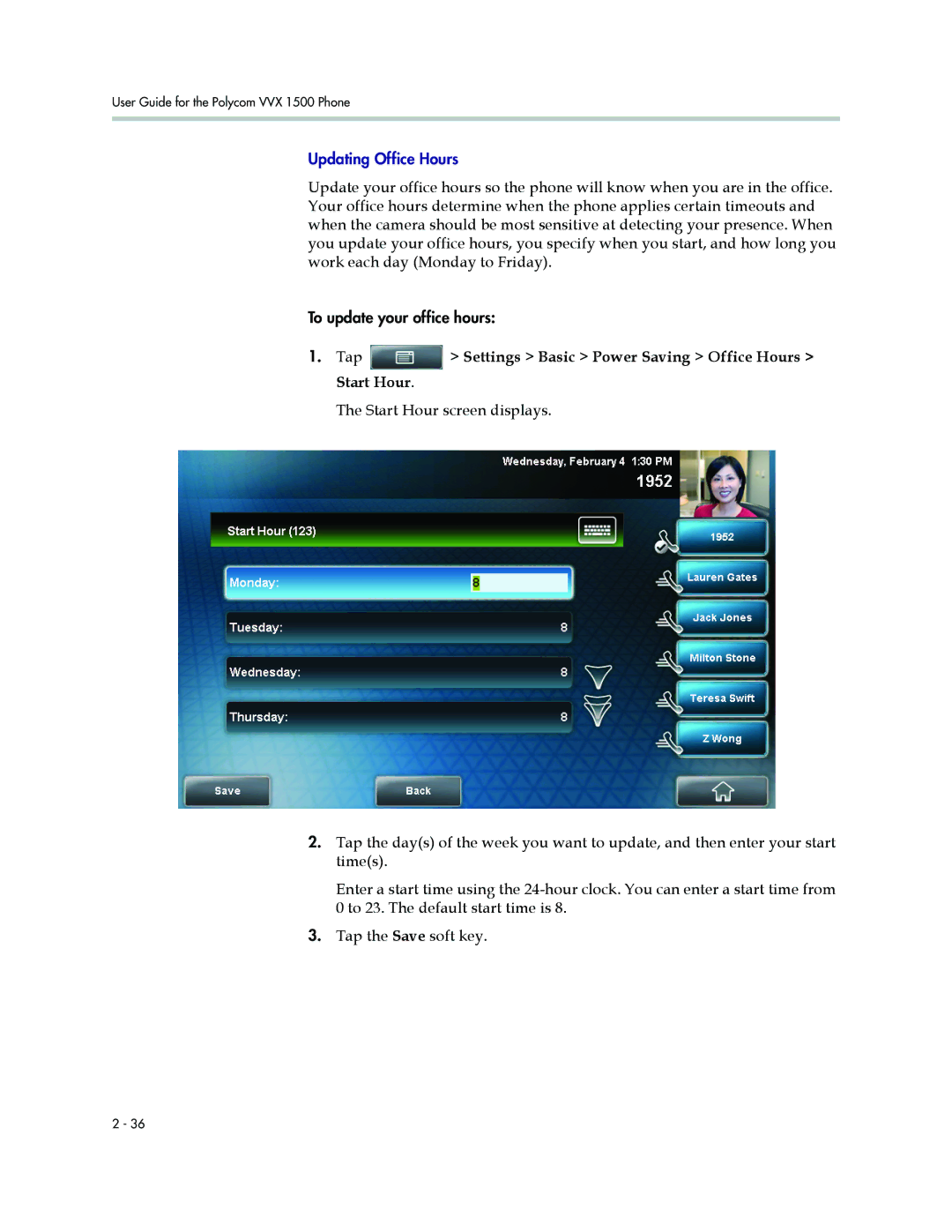 Polycom 1500 manual Tap Settings Basic Power Saving Office Hours Start Hour 