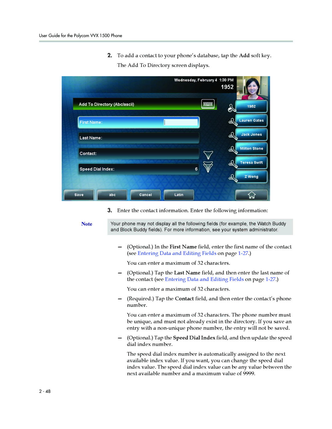 Polycom 1500 manual You can enter a maximum of 32 characters, Number, Dial index number 