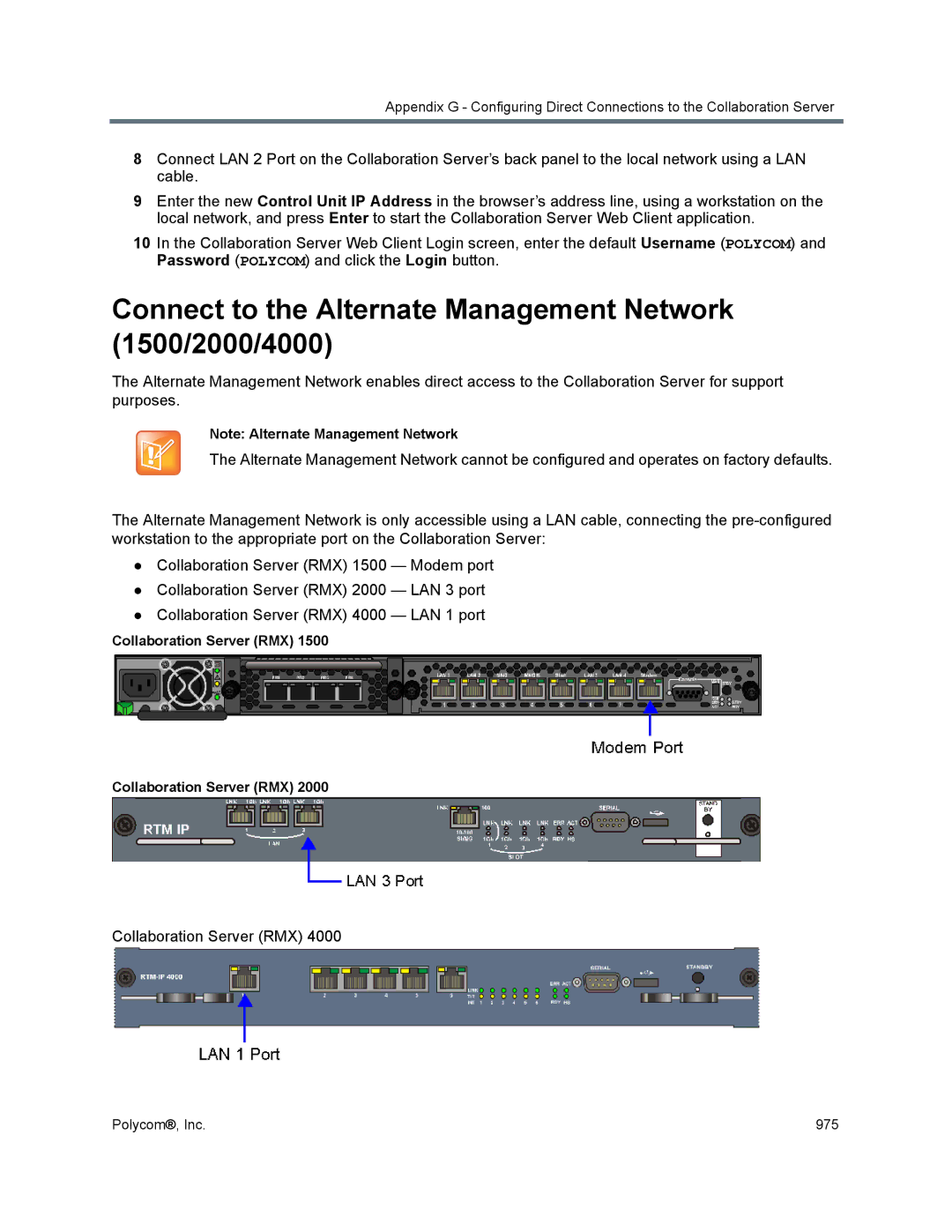 Polycom 1500/1800/2000/4000 manual Connect to the Alternate Management Network 1500/2000/4000, Collaboration Server RMX 