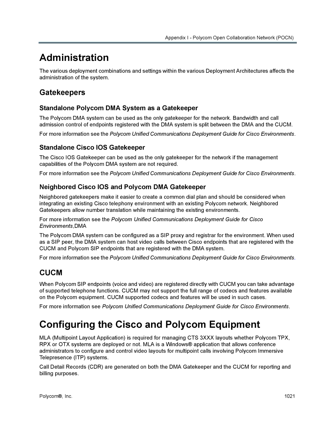 Polycom 1500/1800/2000/4000 manual Administration, Configuring the Cisco and Polycom Equipment, Gatekeepers 