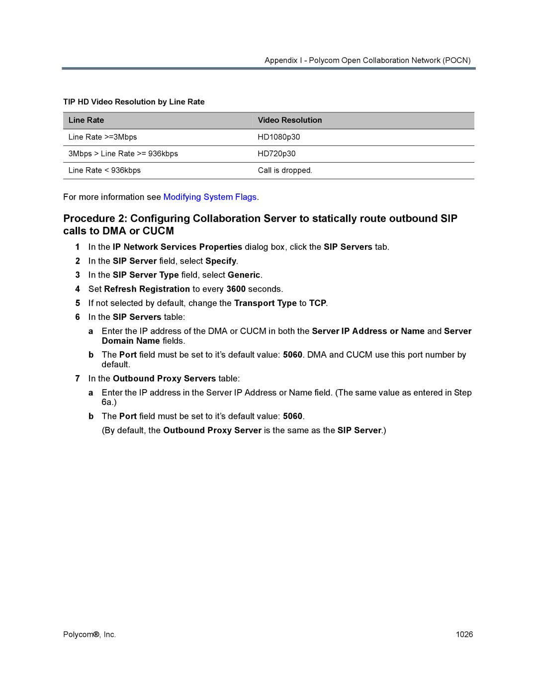 Polycom 1500/1800/2000/4000 manual SIP Server field, select Specify, Outbound Proxy Servers table 