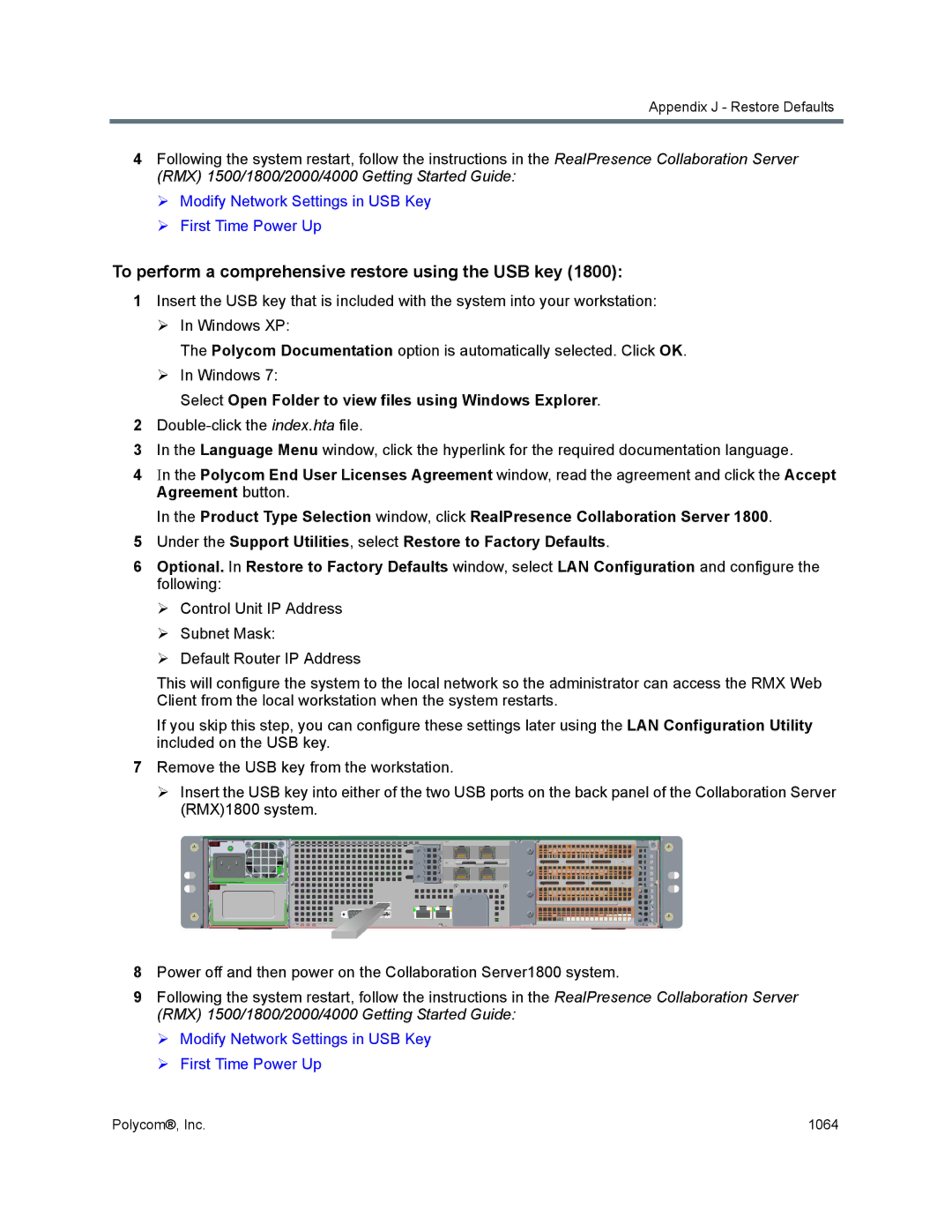 Polycom 1500/1800/2000/4000 manual To perform a comprehensive restore using the USB key 