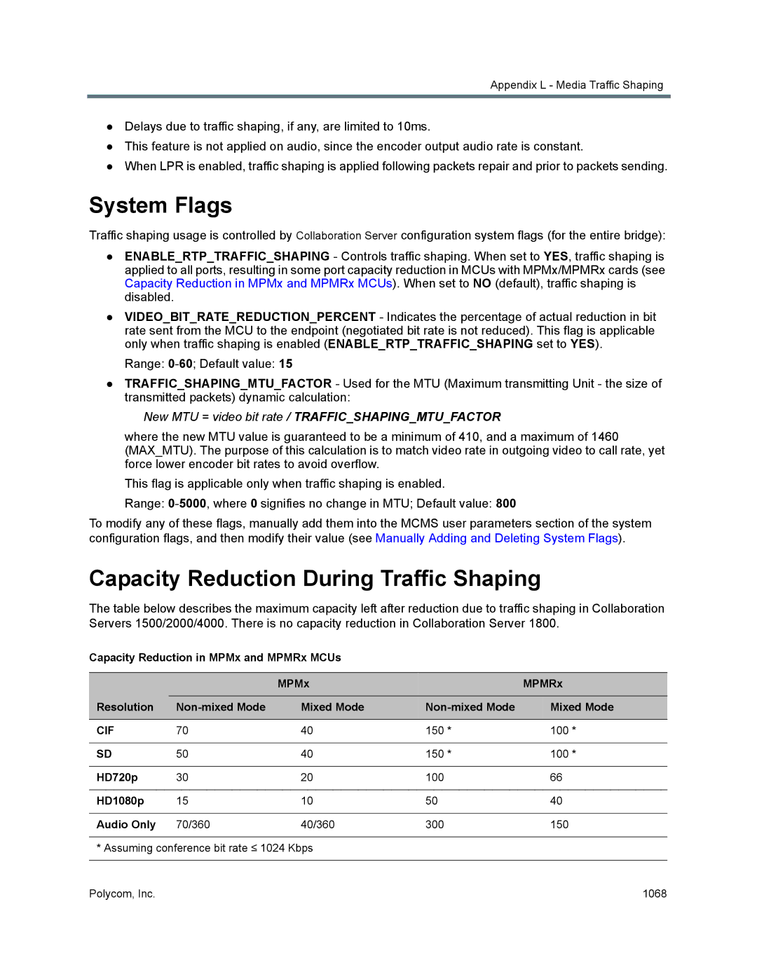 Polycom 1500/1800/2000/4000 manual System Flags, Capacity Reduction During Traffic Shaping, HD1080p Audio Only 