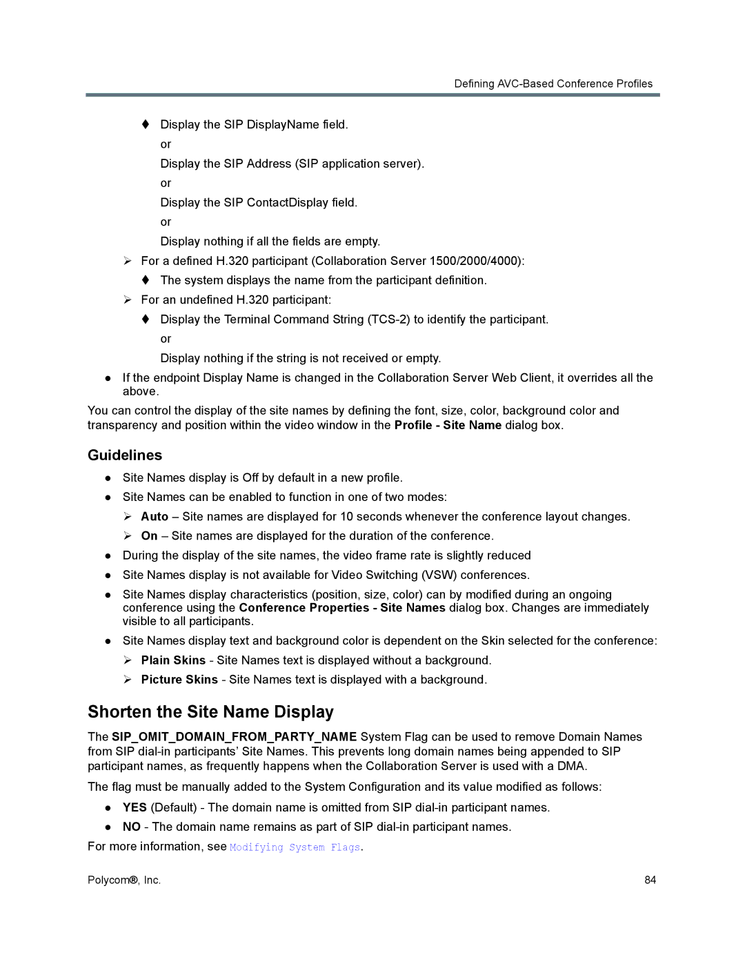Polycom 1500/1800/2000/4000 manual Shorten the Site Name Display, Guidelines 