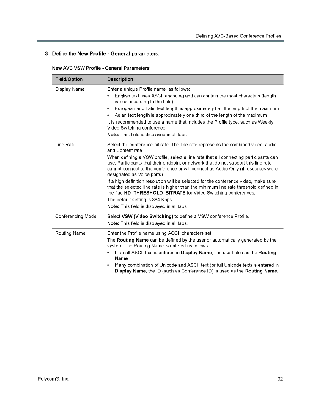 Polycom 1500/1800/2000/4000 manual Define the New Profile General parameters, Name 