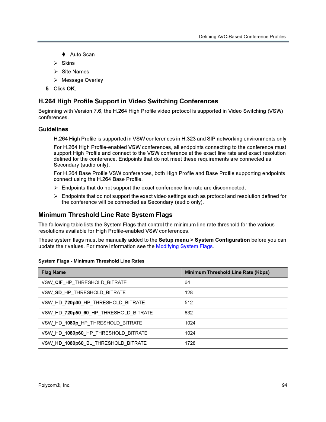 Polycom 1500/1800/2000/4000 High Profile Support in Video Switching Conferences, Minimum Threshold Line Rate System Flags 