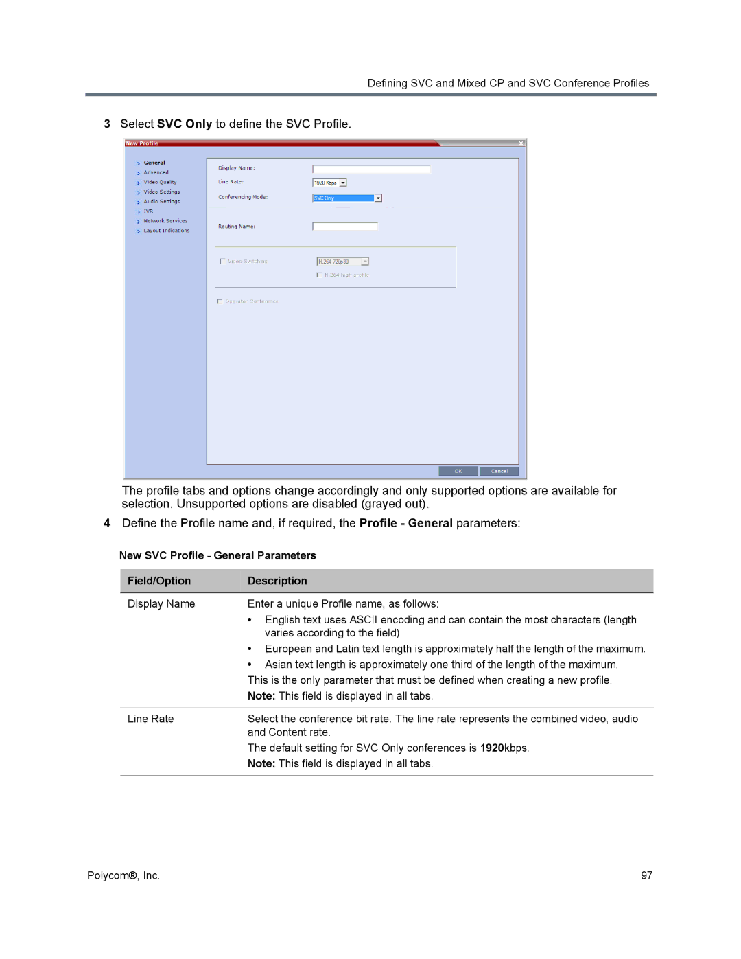 Polycom 1500/1800/2000/4000 manual New SVC Profile General Parameters Field/Option Description 