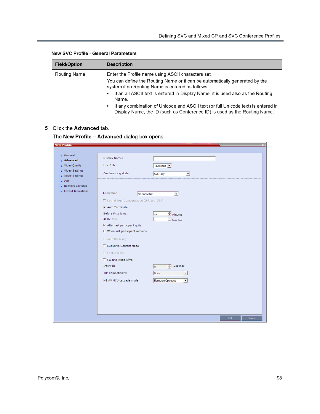 Polycom 1500/1800/2000/4000 manual New Profile Advanced dialog box opens 