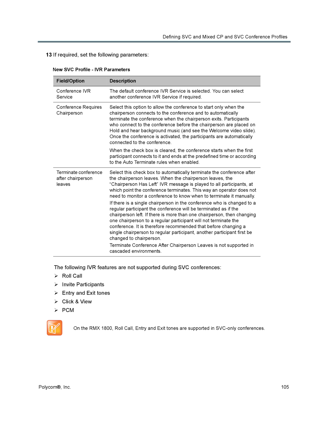 Polycom 1500/1800/2000/4000 manual  Pcm, New SVC Profile IVR Parameters Field/Option Description 