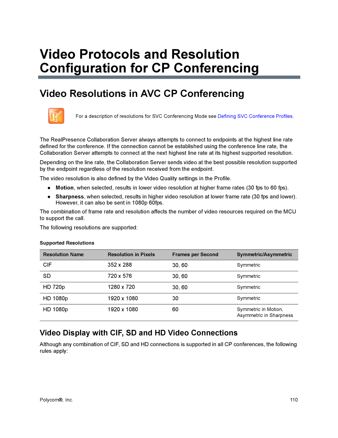 Polycom 1500/1800/2000/4000 Video Resolutions in AVC CP Conferencing, Video Display with CIF, SD and HD Video Connections 