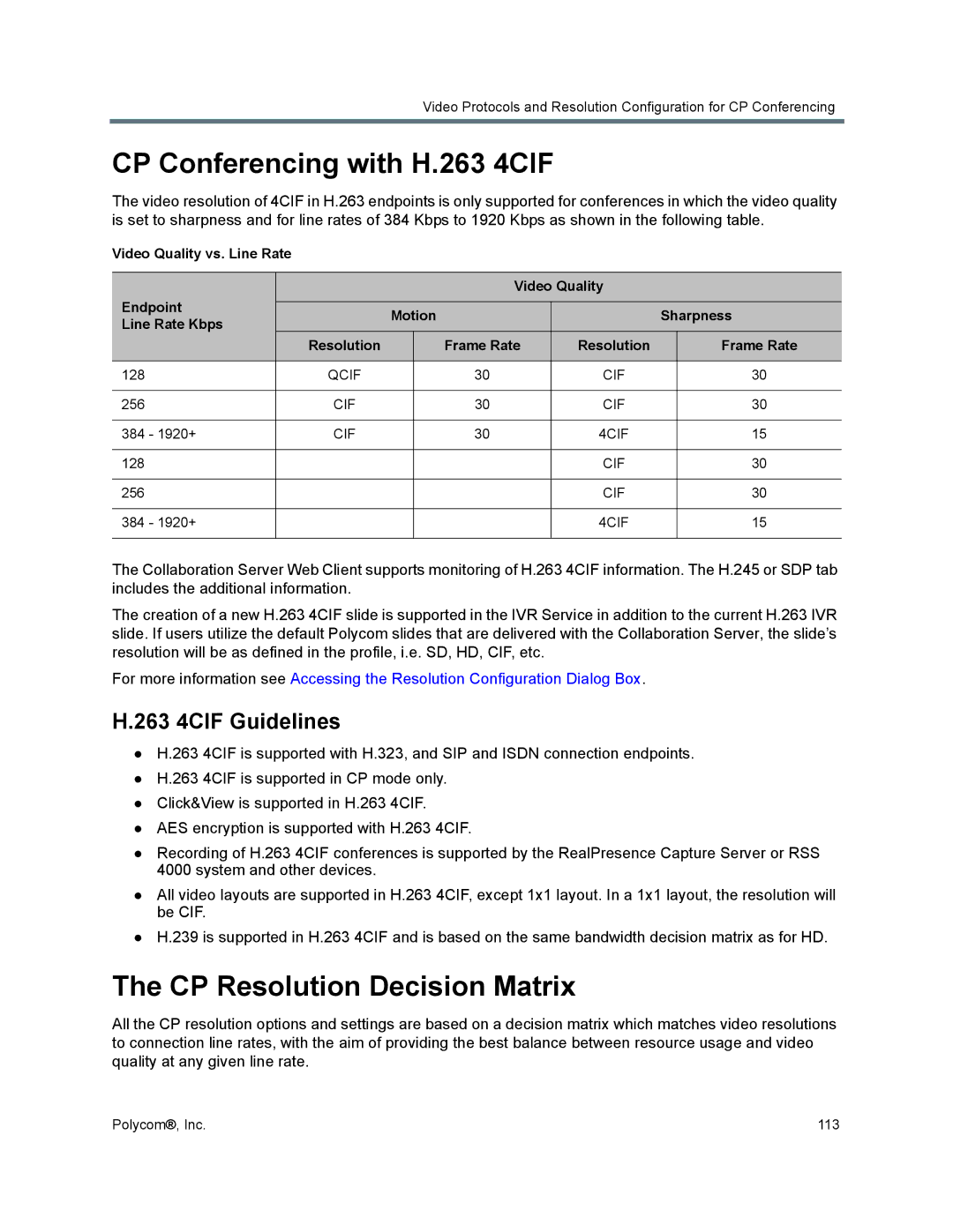 Polycom 1500/1800/2000/4000 CP Conferencing with H.263 4CIF, CP Resolution Decision Matrix, 263 4CIF Guidelines, Qcif CIF 