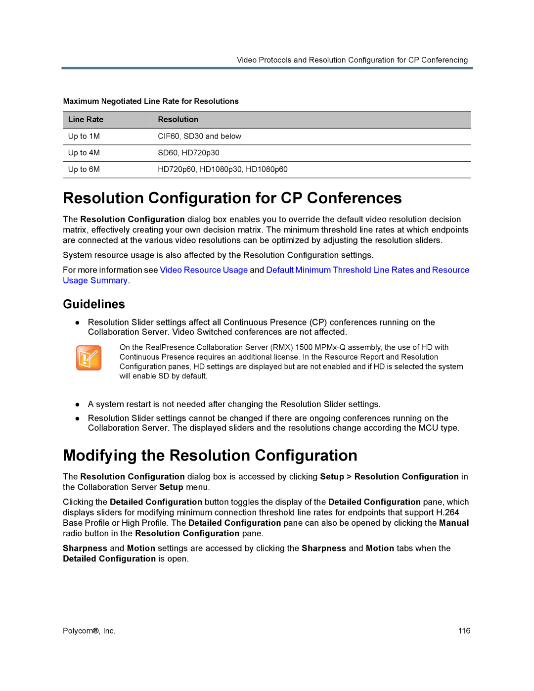 Polycom 1500/1800/2000/4000 manual Resolution Configuration for CP Conferences, Modifying the Resolution Configuration 