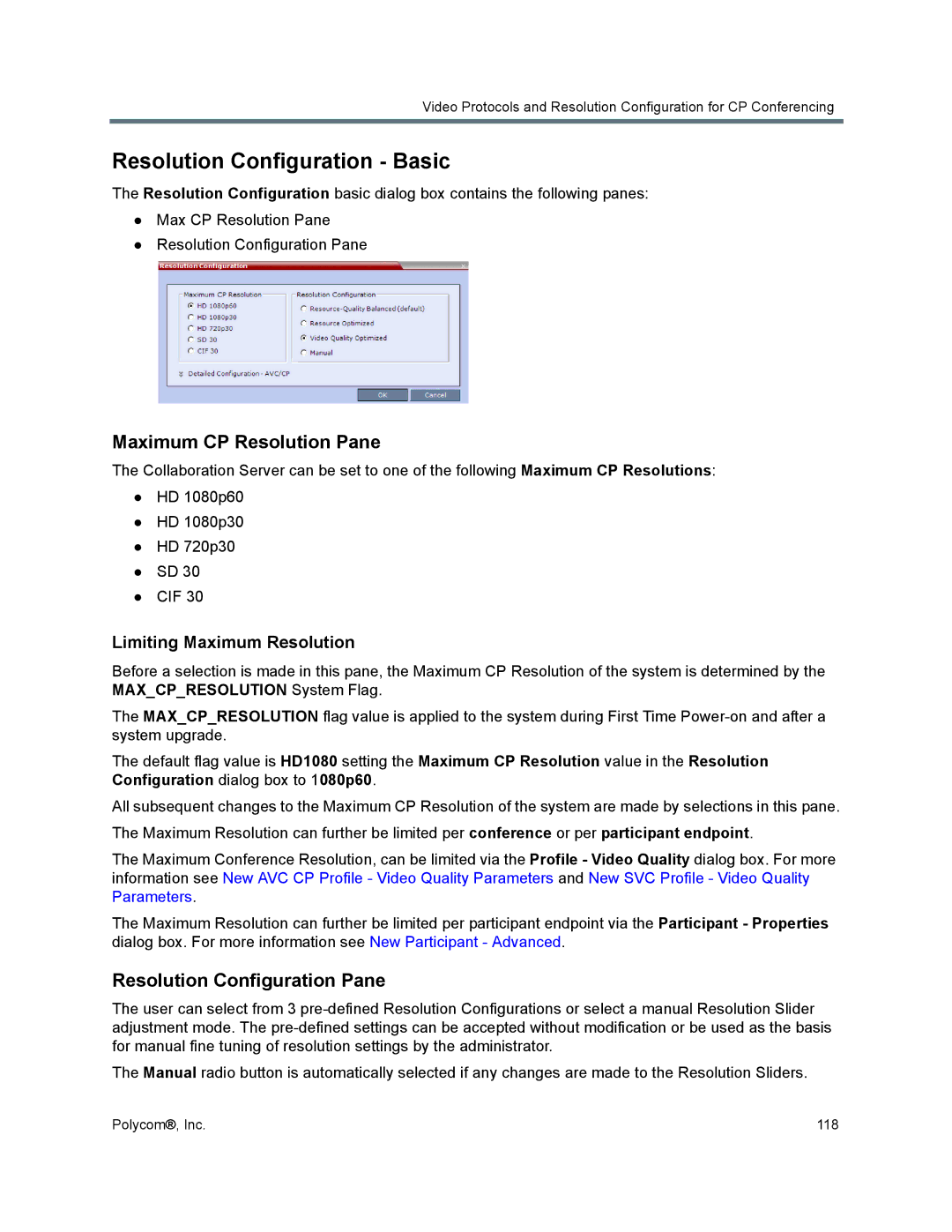 Polycom 1500/1800/2000/4000 Resolution Configuration Basic, Maximum CP Resolution Pane, Resolution Configuration Pane 