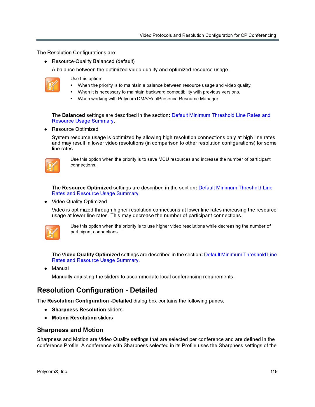 Polycom 1500/1800/2000/4000 manual Resolution Configuration Detailed, Sharpness and Motion 