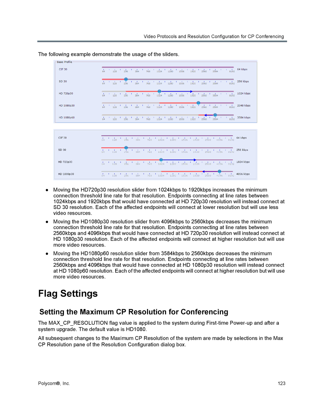 Polycom 1500/1800/2000/4000 manual Flag Settings, Setting the Maximum CP Resolution for Conferencing 