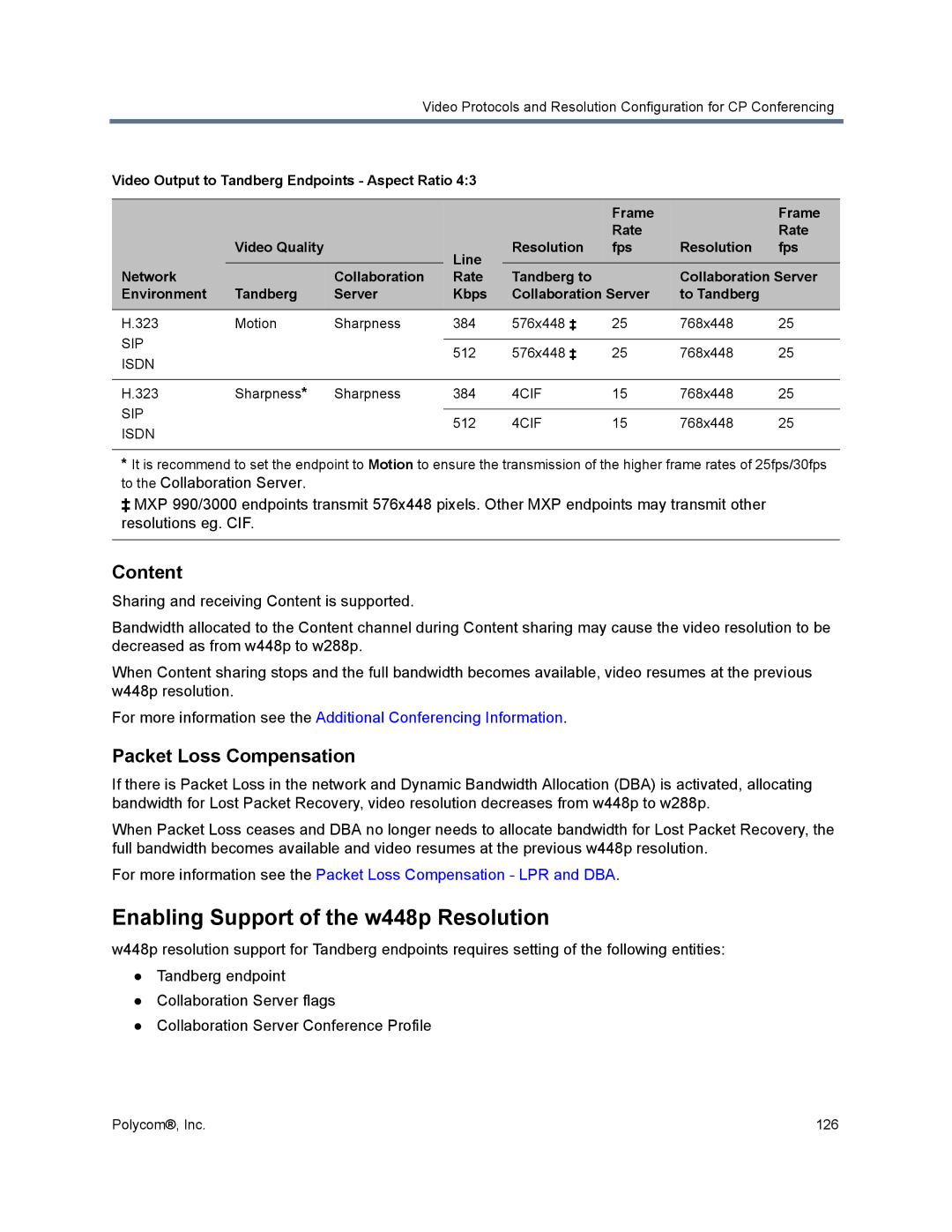 Polycom 1500/1800/2000/4000 manual Enabling Support of the w448p Resolution, Content, Packet Loss Compensation, Isdn 