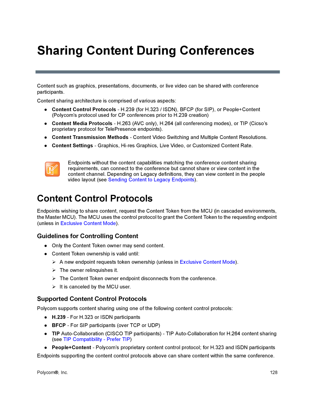 Polycom 1500/1800/2000/4000 manual Sharing Content During Conferences, Content Control Protocols 