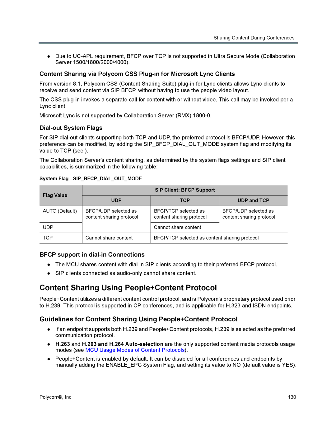 Polycom 1500/1800/2000/4000 manual Content Sharing Using People+Content Protocol, Dial-out System Flags, UDP and TCP 