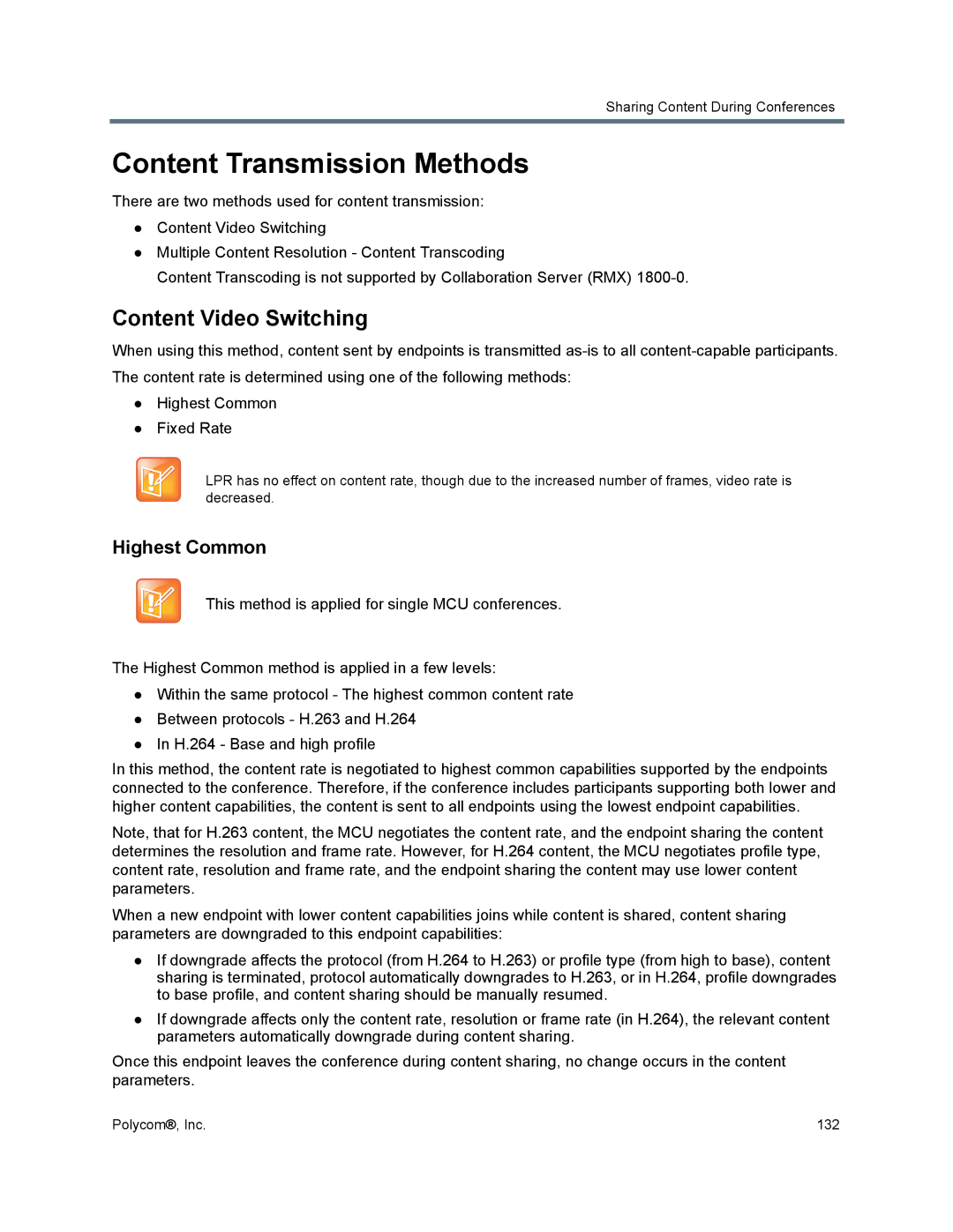 Polycom 1500/1800/2000/4000 manual Content Transmission Methods, Content Video Switching, Highest Common 
