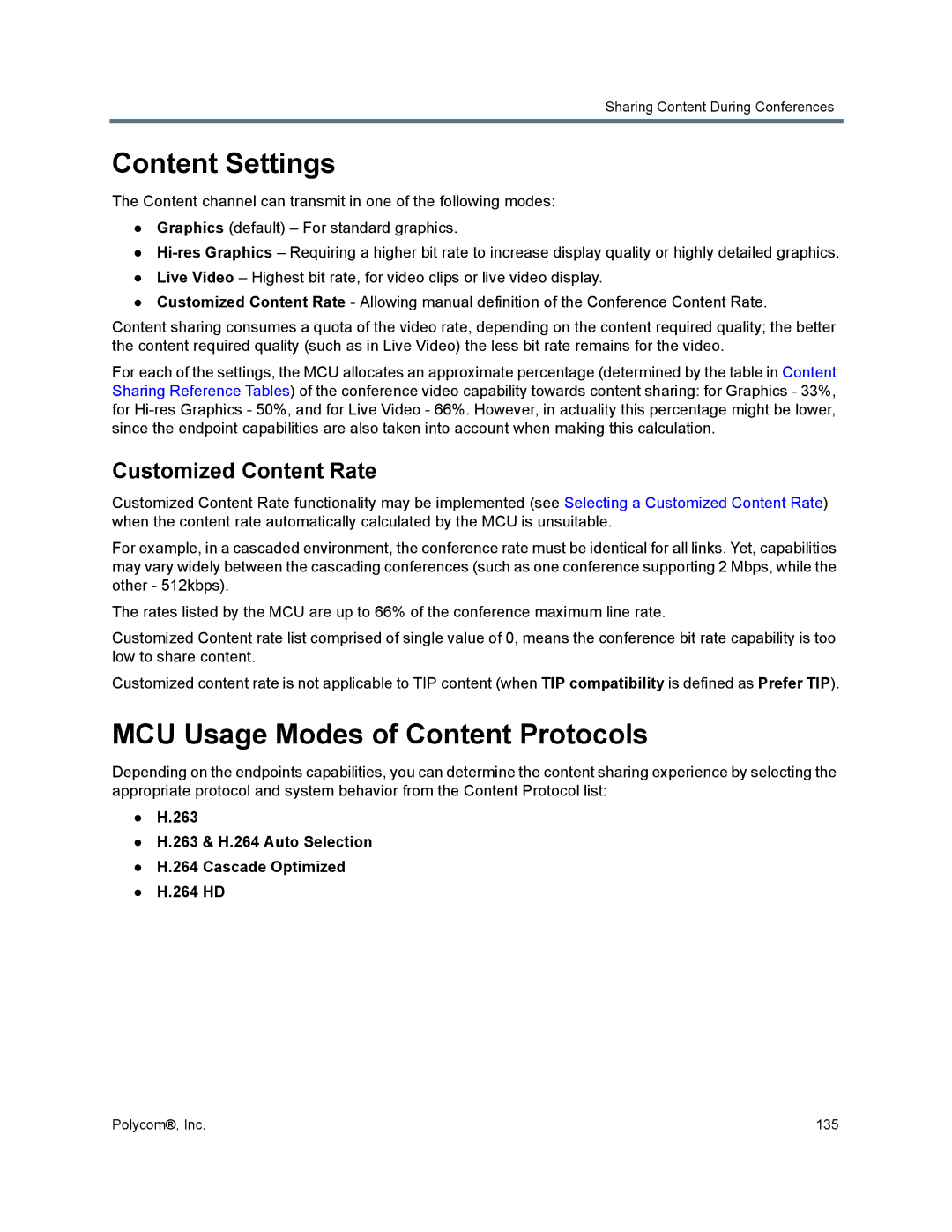 Polycom 1500/1800/2000/4000 manual Content Settings, MCU Usage Modes of Content Protocols, Customized Content Rate 